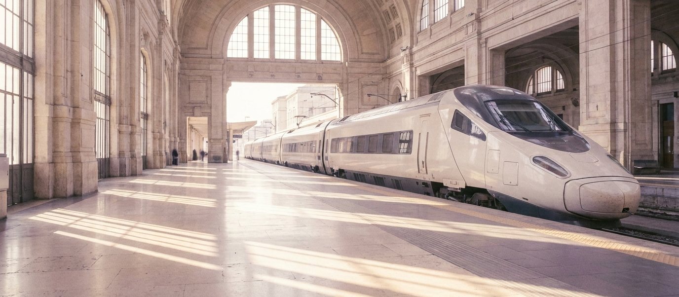 Morning light across the platform of a grand railway station in Milan