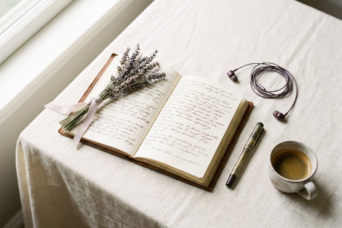 An open handwritten notebook with lavender, a fountain pen and espresso on cream linen